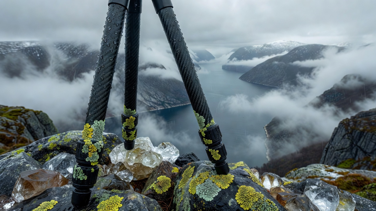 Close-up of a rain-beaded carbon tripod leg planted between quartz rocks and map lichen overlooking a deep misty Norwegian fjord