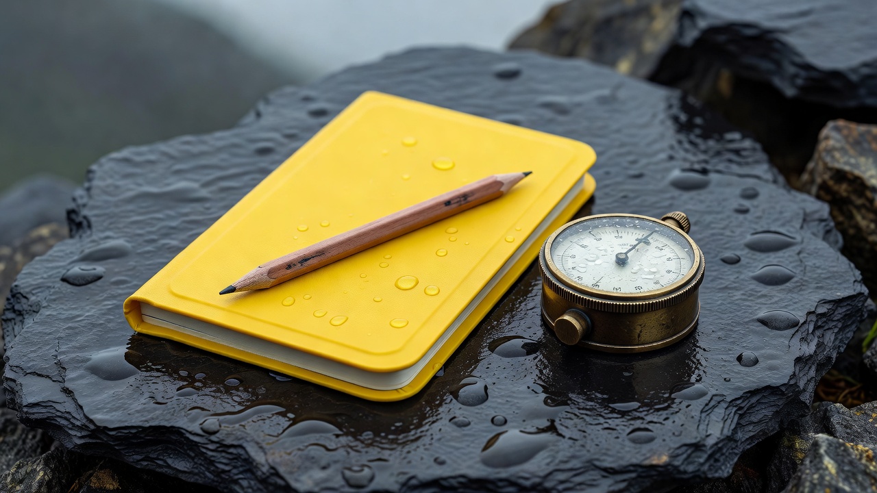 Close-up of a waterproof yellow field notebook, graphite pencil, and analog altimeter resting on dark wet mountain slate