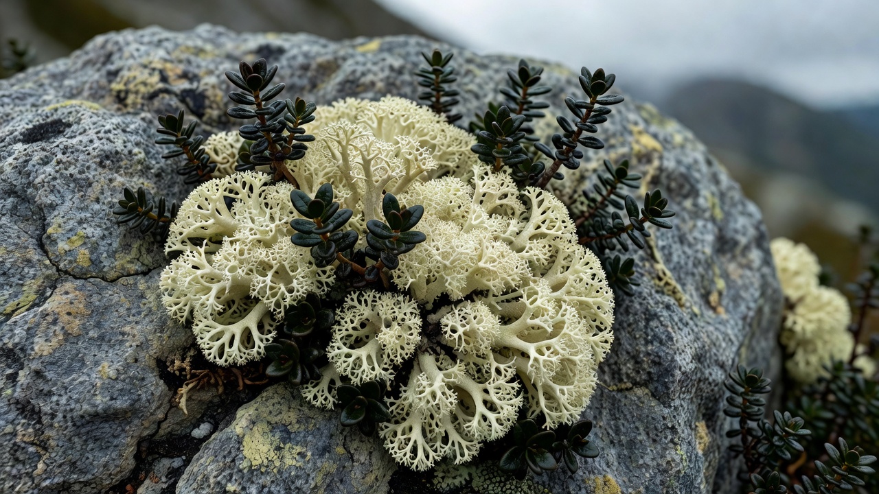 Macro photograph of pale cream reindeer lichen and dark crowberry leaves growing against weathered grey mountain granite