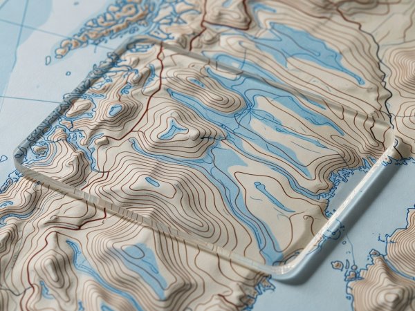Macro detail of 20-metre contour lines and blue glacier shading on a Norwegian 1:50,000 paper map under a compass baseplate