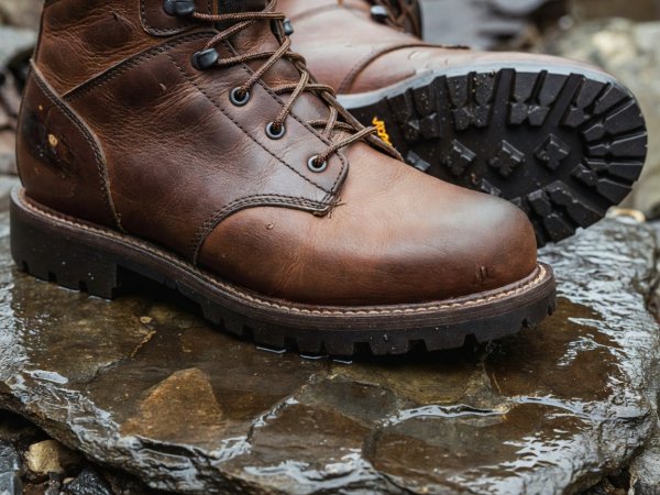 Macro view of beeswax-treated full-grain leather mountain boot stitching and deep rubber lugs on wet slate