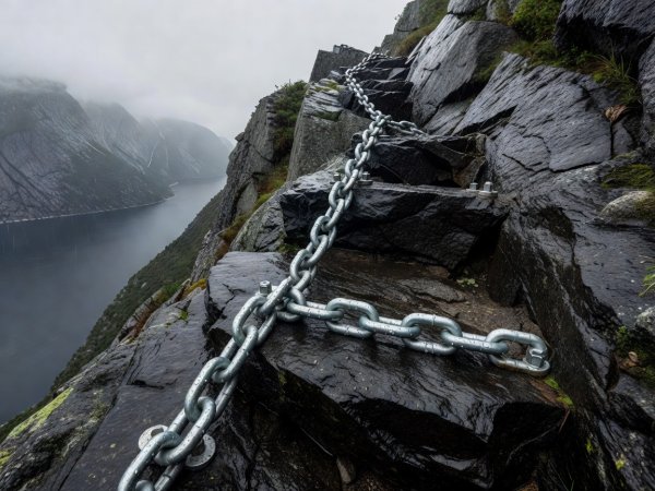 Close-up of a galvanized steel chain bolted into wet dark granite slab on a steep Norwegian fjord climb
